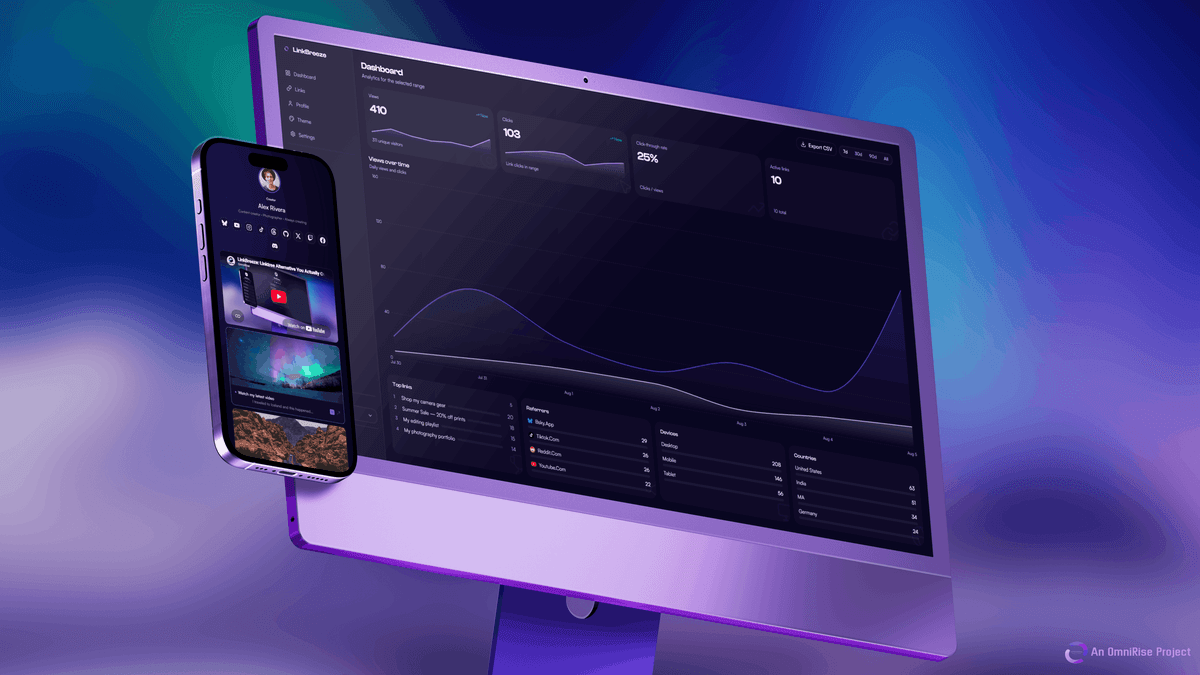LinkBreeze public link page on iPhone, admin dashboard on desktop